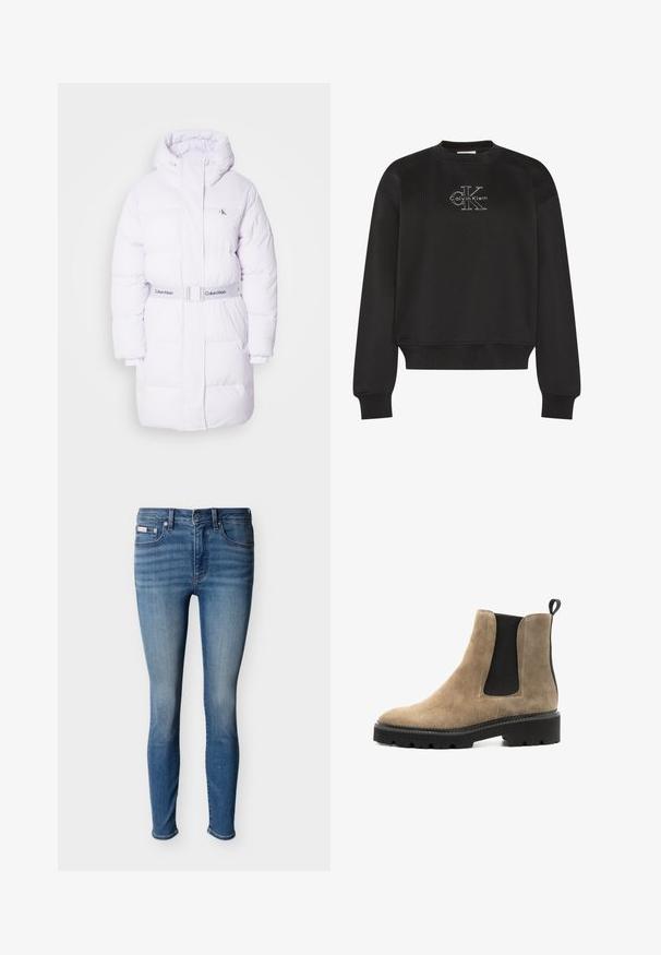 Weiße Daunenjacke mit hohem Kragen und tailliertem Gürtel. Verfügt über gesteppte Einsätze und ein kleines Logo auf der linken Brust. Glatte Textur.; Schwarzes Sweatshirt mit langen Ärmeln und rundem Ausschnitt, mit weißem Calvin Klein "CK"-Logo mittig auf der Brust, mit Rippstrickbündchen an Ärmeln und Saum.; Blaue Denim-Jeans mit schmaler Passform, ausgestattet mit fünf Taschen, einem Reißverschluss und leichter Ausbleichung für einen getragenen Look. Taillenbund in mittlerer Höhe und Standard-Saum.; Beige Wildleder Chelsea-Stiefel mit schwarzen elastischen Seiteneinsätzen und Zuglasche. Sie verfügen über eine robuste schwarze Gummisohle mit strukturierter Laufsohle.