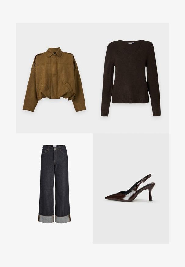 Veste courte en daim marron avec manches longues, fermeture boutonnée cachée sur le devant, deux poches inclinées et col pointu.; Un pull en tricot marron foncé à manches longues et col en V, avec des poignets et un ourlet côtelés, présenté sur un fond blanc uni.; Jean large bleu foncé avec ourlets retroussés, cinq poches et surpiqûres contrastantes jaunes.; Talons slingback en cuir verni brun avec un bout pointu, un talon fin, et une sangle réglable avec une petite boucle.