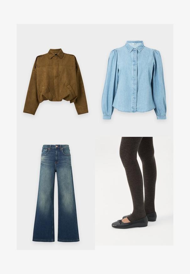 Veste courte en daim marron avec manches longues, fermeture boutonnée cachée sur le devant, deux poches inclinées et col pointu.; Chemise en denim bleu clair avec un col pointu, une patte de boutonnage à l'avant et des manches longues bouffantes. Texture lisse avec un ourlet arrondi.; Jean en denim bleu taille haute avec jambes larges et délavé sur les cuisses, doté de poches avant et d'une fermeture à bouton en cuivre.; Jambes portant des leggings côtelés foncés associés à des ballerines noires avec de petits détails en nœud sur fond blanc.