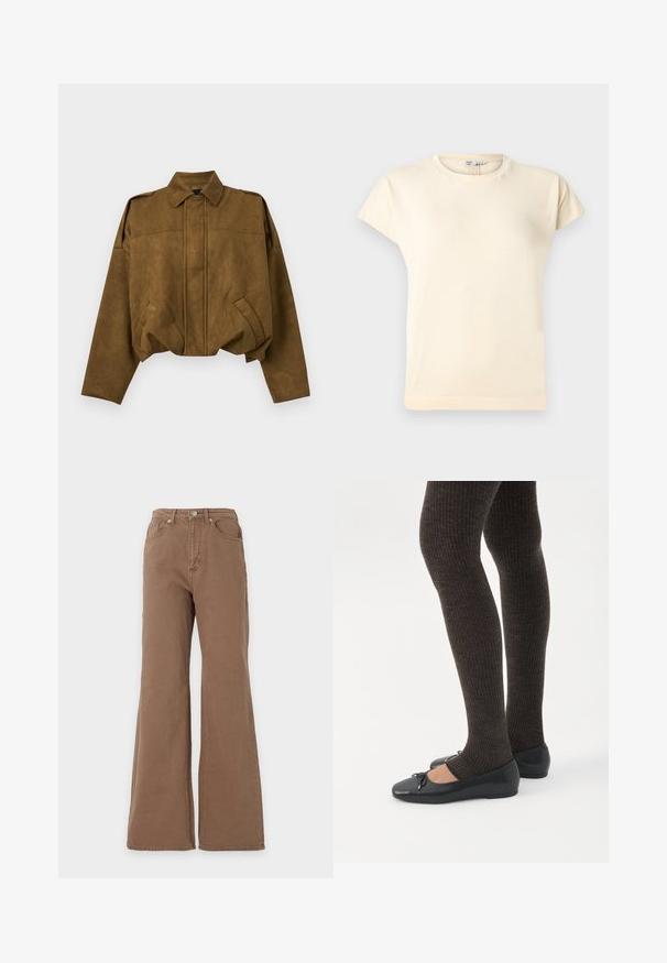 Veste courte en daim marron avec manches longues, fermeture boutonnée cachée sur le devant, deux poches inclinées et col pointu.; T-shirt à manches courtes de couleur crème avec un col rond, une coupe légèrement ample et des détails de couture minimalistes.; Jean marron taille haute avec jambe évasée, fermeture par boutons sur le devant, poches avant et arrière, présenté sur un fond uni.; Jambes portant des leggings côtelés foncés associés à des ballerines noires avec de petits détails en nœud sur fond blanc.