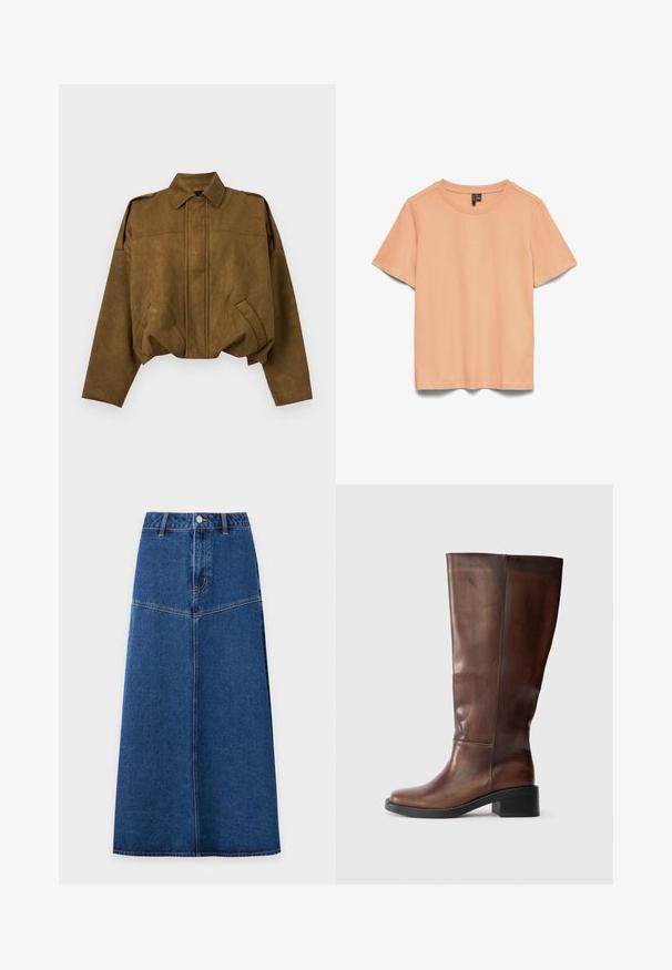 Veste courte en daim marron avec manches longues, fermeture boutonnée cachée sur le devant, deux poches inclinées et col pointu.; T-shirt à manches courtes couleur pêche avec un col rond et une étiquette noire à l'intérieur du col.; Jupe midi en denim bleu avec boutons sur le devant et détails de couture, légèrement évasée de la taille à l'ourlet sur fond blanc.; RAID FERNE - Bottes - brown