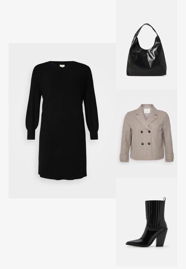 Chaqueta de doble botonadura en mezcla de lana beige claro. Presenta botones negros, un cuello con muesca y un bolsillo en el lado derecho.; Vestido negro de punto con escote en V, mangas largas tipo globo y puños acanalados. Diseño sencillo con corte recto y dobladillo a la altura de la rodilla.; Simmi London HONCHO - Botines de tacón - black; Bolso hobo de cuero negro con una textura suave y brillante y un diseño de parte superior redondeada y abierta. Cuenta con una amplia correa curvada para llevar. Sin hardware visible.