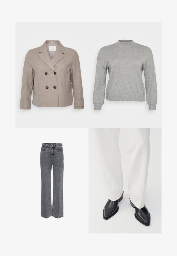 Chaqueta de doble botonadura en mezcla de lana beige claro. Presenta botones negros, un cuello con muesca y un bolsillo en el lado derecho.; Suéter de punto gris claro con mangas largas, cuello redondo acanalado, puños y bajo, exhibido sobre un fondo blanco.; Vaqueros de mezclilla gris de tiro alto y pierna recta, con cierre frontal de botón y cremallera, y diseño clásico de cinco bolsillos.; Botas de tobillo negras con punta afilada y acabado de cuero liso, con tacones bajos y bloque, combinadas con pantalones blancos de pierna ancha. Diseño simple y moderno.
