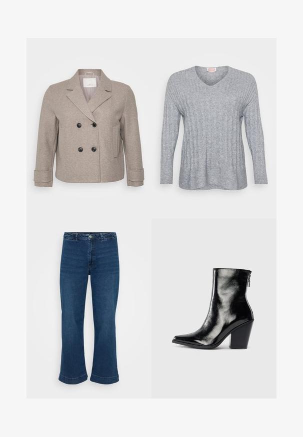 Dobbeltradet jakke i lyse beige uldblanding. Har sorte knapper, en slagkrave og en enkelt lomme på højre side.; Grå strikket sweater med V-hals, ribbede manchetter og et tekstureret design med lodrette linjer og en let løs pasform.; Højtaljede blå jeans med lige ben og bred kant, lavet af denim. Har et klassisk fem-lomme design og lukning med metalknap.; Sorte læder ankelstøvler med en blank finish, spidse tæer og blokhæle. Har en sidezipper for nem på- og aftagning.