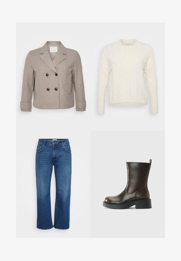 Dobbeltradet jakke i lyse beige uldblanding. Har sorte knapper, en slagkrave og en enkelt lomme på højre side.; Hvid kabelstrikket sweater med rund halsudskæring, lange ærmer og ribbede manchetter. Teksturen har hævede, sammenflettede mønstre.; Bredde ben jeans i mørkeblå denim. Har fem lommer, bælteskydere og svag falmning langs benene. Glat tekstur med en standart pasform.; Mørkebrune læderstøvler til midten af læggen med rund tå, tyk sort sål, lav blokhælel og en trækflap bagpå.