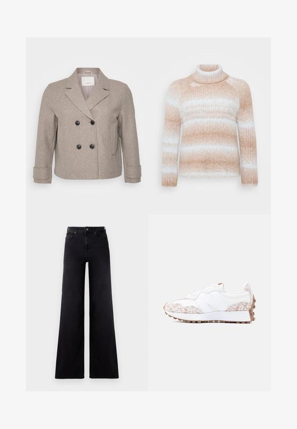 Dobbeltradet jakke i lyse beige uldblanding. Har sorte knapper, en slagkrave og en enkelt lomme på højre side.; ONLY Carmakoma CARDITTE ROLLNECK - Striktrøje - cloud blue/tobacco brown; Højtaljede sorte wide-leg jeans med frontlommer, bælteløkker og knappelukning.; Hvid atletiksneaker med beige og lysebrune pletter, snøredesign og tekstureret gummisål for greb.