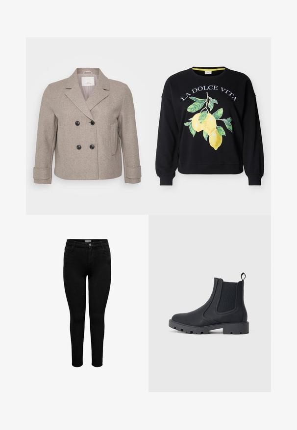Doppelt geschnittene Jacke aus einem hellbeigen Wollmix. Mit schwarzen Knöpfen, einem Reverskragen und einer einzelnen Tasche auf der rechten Seite.; Schwarzer Pullover mit Rundhalsausschnitt und dem Schriftzug "LA DOLCE VITA" sowie einem Motiv mit drei gelben Zitronen und grünen Blättern auf der Vorderseite.; Schwarze Skinny-Jeans mit mittelhohem Bund, Fünf-Taschen-Design und Knopfverschluss; aus Denim mit glatter Textur gefertigt.; Schwarze Chelsea-Stiefel aus strukturiertem synthetischem Material, mit elastischen seitlichen Einsätzen, einer Zuglasche und einer robusten, klobigen Sohle.