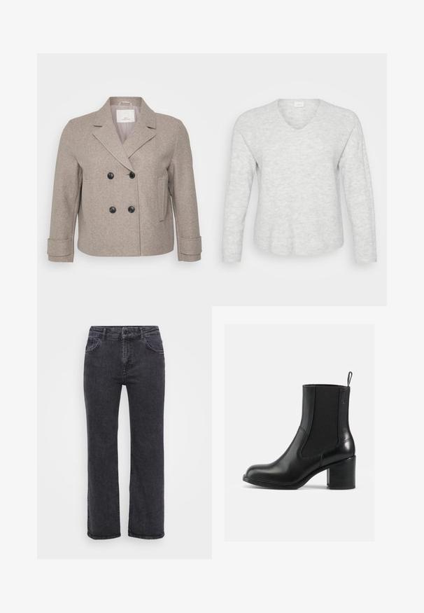 Dobbeltradet jakke i lyse beige uldblanding. Har sorte knapper, en slagkrave og en enkelt lomme på højre side.; Lys grå langærmet sweater med ribbet tekstur, V-hals og en let buet kant. Blødt materiale med subtile mønstervariationer.; Sorte denim jeans med lige ben design, fem lommer og knaplukning. Stoffet har en let falmet tekstur og robust syning.; Sort læder ankelstøvle med elastiske sidepaneler, rund tå og blokhæl. Glat tekstur med minimale syninger.
