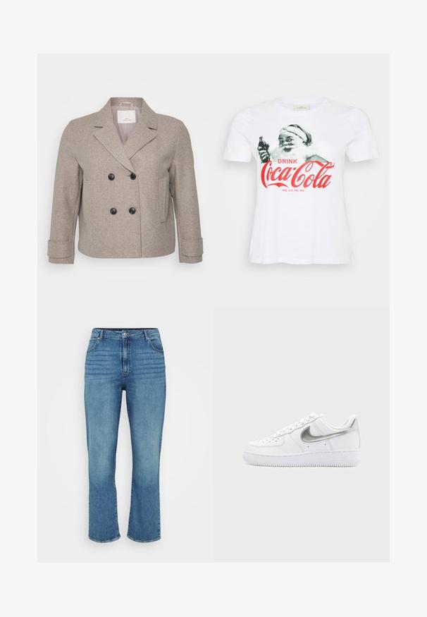 Dobbeltradet jakke i lyse beige uldblanding. Har sorte knapper, en slagkrave og en enkelt lomme på højre side.; Hvid bomulds T-shirt med et vintage Santa Claus grafisk design, hvor han holder en Coca-Cola flaske, med røde bogstaver der siger "DRIK Coca-Cola."; Lysblå denimjeans med lige ben design, der har fem lommer, bæltestropper og subtil falming foran.; Hvid lavtopet sneaker med metallisk sølv Nike swoosh og hvide snørebånd på en ensfarvet lysegrå baggrund.