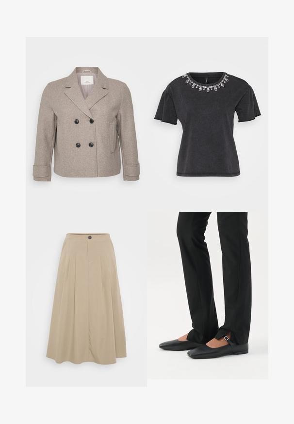 Doppelt geschnittene Jacke aus einem hellbeigen Wollmix. Mit schwarzen Knöpfen, einem Reverskragen und einer einzelnen Tasche auf der rechten Seite.; Schwarzes T-Shirt mit kurzen Ärmeln und rundem Ausschnitt, verziert mit einer dekorativen Perlenverzierung am Kragen und einem lässigen Schnitt.; Beige Faltenrock aus weichem Stoff, mit einer taillierten Taille und einem Knopfverschluss sowie einer fließenden A-Linien-Silhouette.; Beine in schwarzen schmalen Hosen mit vorderen Schlitzen am Saum, kombiniert mit schwarzen flachen Mary-Jane-Schuhen mit kleinem Schnallenriemen.
