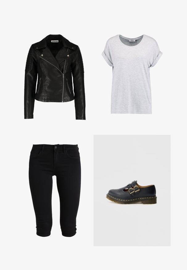 Zwarte leren motorjack met een slim-fit ontwerp, asymmetrische rits, gestructureerde schouders en twee voorzakken met rits. Gladde afwerking.; Lichtgrijze, T-shirt met korte mouwen en rond hals, met oprolmanchetten, gemaakt van zachte stof, met een relaxte pasvorm en een minimaal design.; Zwarte denim capri jeans met een aansluitend ontwerp, voorzien van voorzakken, een knoopsluiting en omgeslagen zoom voor een gestroomlijnde uitstraling.; Zwarte leren schoen met twee gespsluitingen, voorzien van geperforeerde details, een ronde neus en een gele stiknaad rond de zool.