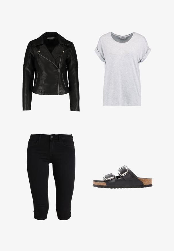 Zwarte leren motorjack met een slim-fit ontwerp, asymmetrische rits, gestructureerde schouders en twee voorzakken met rits. Gladde afwerking.; Lichtgrijze, T-shirt met korte mouwen en rond hals, met oprolmanchetten, gemaakt van zachte stof, met een relaxte pasvorm en een minimaal design.; Zwarte denim capri jeans met een aansluitend ontwerp, voorzien van voorzakken, een knoopsluiting en omgeslagen zoom voor een gestroomlijnde uitstraling.; Zwarte sandaal met twee verstelbare banden, zilveren gespen en een kurken voetbed op een gestructureerde zwarte rubberen zool.