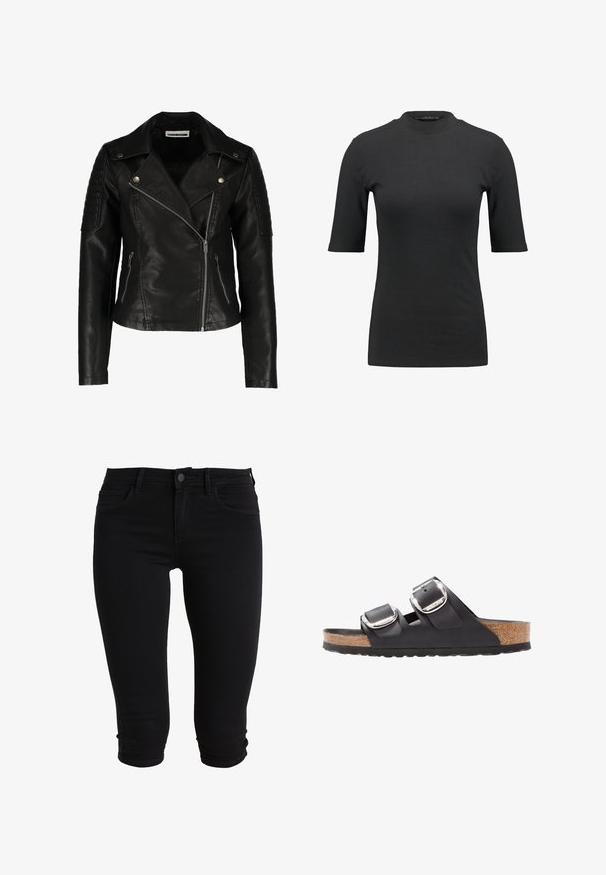 Chaqueta de motorista de cuero negro con diseño ajustado, cremallera asimétrica, hombros texturizados y dos bolsillos frontales con cremallera. Acabado suave.; Camiseta negra de canalé con un cuello alto y mangas cortas. Diseño liso y ajustado sin patrones ni detalles de hardware visibles.; Pantalones capri de mezclilla negra con un diseño ajustado, que cuentan con bolsillos frontales, cierre de botón y dobladillos enrollados para un aspecto estilizado.; Sandal negra con dos correas ajustables, hebillas de plata y una plantilla de corcho sobre una suela de goma negra texturizada.