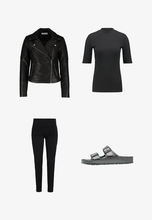 Zwarte leren motorjack met een slim-fit ontwerp, asymmetrische rits, gestructureerde schouders en twee voorzakken met rits. Gladde afwerking.; Zwarte geribbelde T-shirt met een hoge hals en korte mouwen. Gladde, aansluitende pasvorm zonder patronen of zichtbare hardwaredetails.; Zwarte leggings van een gladde, rekbare stof, met een brede, elastische tailleband en een slanke pasvorm die naar de enkels toe smaller wordt. Geen zichtbare sluitingen.; Grijze sandaal met twee verstelbare banden, textuurafwerking, brede voetbed en een gevormde zool voor comfort. Lichtgewicht en flexibele constructie.