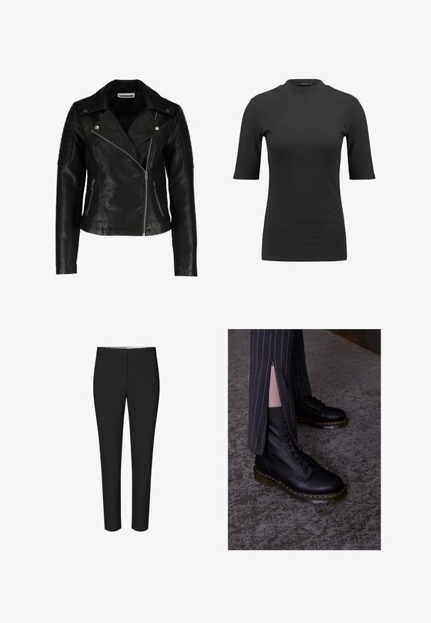 Schwarze Leder-Bikerjacke mit einer taillierten Passform, asymmetrischem Reißverschluss, strukturierten Schultern und zwei vorderen Reißverschlusstaschen. Glatte Oberfläche.; Schwarzes geripptes T-Shirt mit hohem Hals und kurzen Ärmeln. Glattes, figurbetontes Design ohne Muster oder sichtbare Hardware-Details.; Schwarze, schmal geschnittene Anzughose mit Gürtelschlaufen und flacher Vorderseite, vor einem schlichten weißen Hintergrund.; Schwarze Leder-Schnürstiefel mit strukturiertem Finish, gelben Nähten und einer robusten, durchsichtigen Sohle. Kombiniert mit gestreiften Hosen mit Reißverschlüssen.