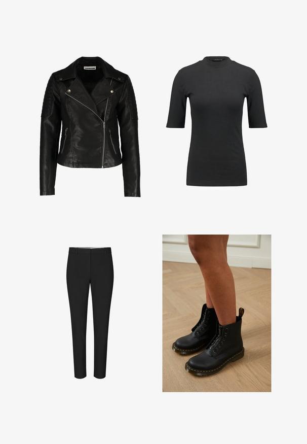 Zwarte leren motorjack met een slim-fit ontwerp, asymmetrische rits, gestructureerde schouders en twee voorzakken met rits. Gladde afwerking.; Zwarte geribbelde T-shirt met een hoge hals en korte mouwen. Gladde, aansluitende pasvorm zonder patronen of zichtbare hardwaredetails.; Zwarte slim-fit pantalon met riemlussen en een vlakke voorkant, afgebeeld tegen een egale witte achtergrond.; Zwarte leren enkelboots met een ritssluiting en veters, gekenmerkt door gele stiksels en een dikke, gestructureerde zool.