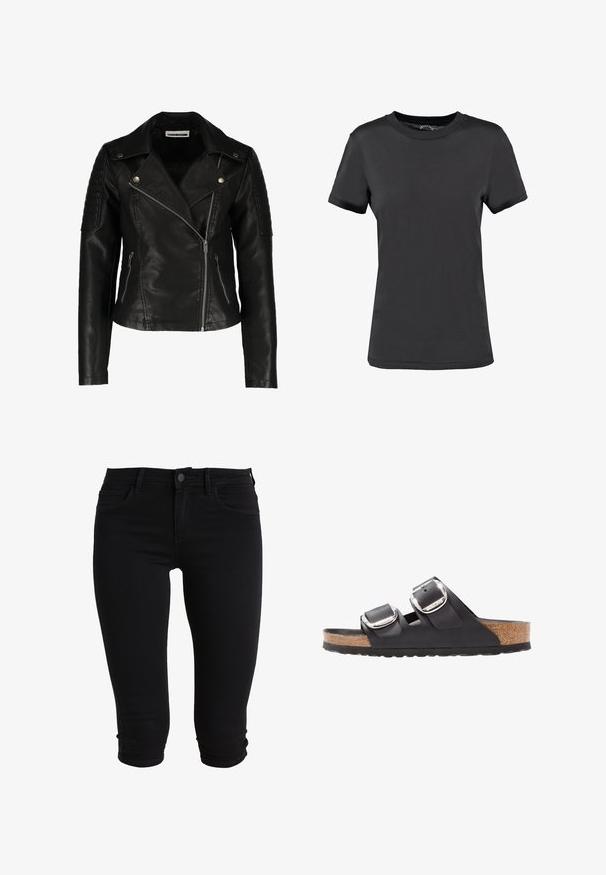 Zwarte leren motorjack met een slim-fit ontwerp, asymmetrische rits, gestructureerde schouders en twee voorzakken met rits. Gladde afwerking.; Zwarte korte mouwen t-shirt gemaakt van een gladde stof. Heeft een ronde hals zonder zichtbare patronen of accenten, wat zorgt voor een eenvoudig ontwerp.; Zwarte denim capri jeans met een aansluitend ontwerp, voorzien van voorzakken, een knoopsluiting en omgeslagen zoom voor een gestroomlijnde uitstraling.; Zwarte sandaal met twee verstelbare banden, zilveren gespen en een kurken voetbed op een gestructureerde zwarte rubberen zool.