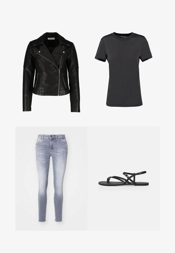 Zwarte leren motorjack met een slim-fit ontwerp, asymmetrische rits, gestructureerde schouders en twee voorzakken met rits. Gladde afwerking.; Zwarte korte mouwen t-shirt gemaakt van een gladde stof. Heeft een ronde hals zonder zichtbare patronen of accenten, wat zorgt voor een eenvoudig ontwerp.; Skinny jeans in lichtblauwe denim, met een vervaagde wassing, vijf zakken en een rafelige zoom. Subtiele stikdetails door het hele kledingstuk.; Zwarte platte sandaal met dunne bandjes, teugel en verstelbare gesp enkelriem op een effen lichtgrijze achtergrond.