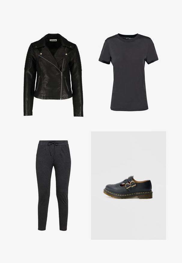 Schwarze Leder-Bikerjacke mit einer taillierten Passform, asymmetrischem Reißverschluss, strukturierten Schultern und zwei vorderen Reißverschlusstaschen. Glatte Oberfläche.; Schwarzes T-Shirt mit kurzen Ärmeln aus glattem Stoff. Verfügt über einen Rundhalsausschnitt ohne sichtbare Muster oder Akzente und bietet ein einfaches Design.; Schwarze Jogginghose aus weichem Material, mit einem elastischen Bund mit Kordelzug und schmal zulaufenden Beinen. Keine sichtbaren Taschen.; Schwarzer Lederschuh mit zwei Schnallenriemen, versehen mit perforierten Details, einer abgerundeten Spitze und einem gelben Ziernäht um die Sohle.