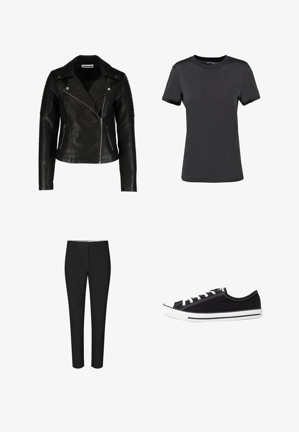 Chaqueta de motorista de cuero negro con diseño ajustado, cremallera asimétrica, hombros texturizados y dos bolsillos frontales con cremallera. Acabado suave.; Camiseta de manga corta negra, hecha de tela suave. Presenta un cuello redondo sin patrones ni acentos visibles, ofreciendo un diseño sencillo.; Pantalón de vestir negro slim fit con trabillas para cinturón y parte delantera lisa, mostrado sobre un fondo blanco liso.; Zapatilla deportiva negra con punta de goma blanca, suela a rayas en blanco y negro, y cordones blancos. Presenta un diseño simple y minimalista.