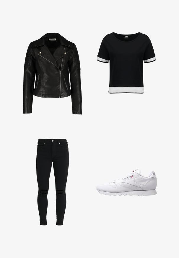 Chaqueta de motorista de cuero negro con diseño ajustado, cremallera asimétrica, hombros texturizados y dos bolsillos frontales con cremallera. Acabado suave.; Camiseta negra corta con mangas cortas, que presenta detalles de malla blanca en las mangas y el dobladillo. Tela suave; escote redondeado.; Dr.Denim Petite LEXY - Vaqueros pitillo - black; Zapatillas deportivas blancas con parte superior de cuero suave, puntera redondeada y suela de goma texturizada. Presentan un sutil logo en el lateral y en la lengüeta.