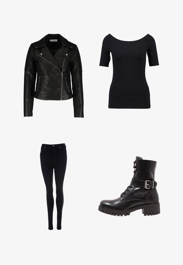 Schwarze Leder-Bikerjacke mit einer taillierten Passform, asymmetrischem Reißverschluss, strukturierten Schultern und zwei vorderen Reißverschlusstaschen. Glatte Oberfläche.; Schwarzes Kurzarmoberteil mit schulterfreiem Ausschnitt, taillierter Passform und glatter Textur. Keine sichtbaren Muster oder Beschläge.; Schwarze hoch taillierte Skinny-Jeans mit vorderem Knopf und Reißverschluss, vorderen und hinteren Taschen, präsentiert vor weißem Hintergrund.; Schwarze Leder-Ankle-Boots mit einem Schnürverschluss an der Vorderseite, verstellbarem Metallverschluss und robuster Profilsohle. Mit glatter Oberfläche und strukturiertem Design.