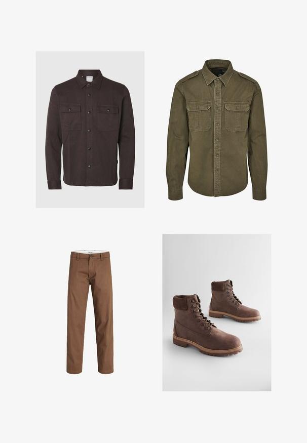 Dunkelbraunes Hemd mit langen Ärmeln, zwei Fronttaschen und schwarzen Druckknöpfen. Aus einem strukturierten Stoff gefertigt. Mit klassischem Kragen.; Olivgrünes Button-Down-Shirt aus Baumwolle. Verfügt über einen Kragen, zwei Brusttaschen mit Klappen und strukturierte Schultern mit sichtbaren Nähten.; Braune, gerade geschnittene Hose mit Knopf- und Reißverschluss, Gürtelschlaufen und Vordertaschen, vor weißem Hintergrund dargestellt.; Braune Leder-Stiefeletten mit strukturierter Oberfläche, gepolstertem Schaft, Metallösen und robustem Gummisohlen. Stilvolles Design für Langlebigkeit.