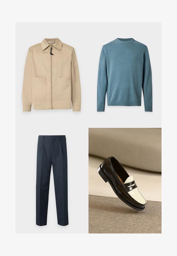 Veste beige à fermeture éclair avec col, deux poches plaquées à l'avant, manches longues, et tire-zip noir sur fond blanc uni.; Pull en maille bleu à col rond avec manches longues, poignets et ourlet côtelés, présenté sur fond blanc.; Pantalon droit bleu marine avec passants de ceinture, fermeture éclair devant et détails plissés le long de la taille.; Mocassin en cuir noir avec un empeigne crème et des rayures noires, présentant un petit talon et des coutures détaillées le long des bords.