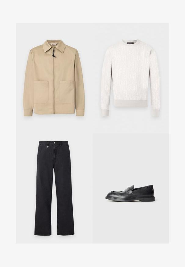 Veste beige à fermeture éclair avec col, deux poches plaquées à l'avant, manches longues, et tire-zip noir sur fond blanc uni.; Pull blanc à manches longues avec col rond, motif en relief subtil, poignets et ourlet côtelés, posé à plat sur un fond blanc.; Pantalon noir droit avec passants de ceinture, fermeture avant par bouton et zip, et poches latérales sur fond uni.; Mocassins en cuir noir avec une finition texturée, dotés d'une bride décorative à l'avant et d'un bout arrondi. Semelle en caoutchouc pour plus de durabilité.