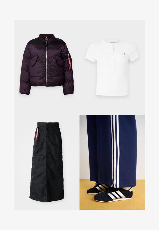 Parka violette au design bomber, dotée d'une fermeture éclair à l'avant, de deux grandes poches avant et d'une poche sur la manche avec un détail étiquette rouge.; T-shirt blanc à manches courtes en maille côtelée avec un col rond et une patte de boutonnage, arborant un petit logo vert brodé sur le côté gauche de la poitrine.; Jupe longue noire avec bouton et fermeture éclair à l'avant, poches cargo latérales et une étiquette en tissu rouge "Remove Before Flight" sur la taille.; Pantalons de survêtement navy avec trois rayures verticales blanches et des chaussures de sport noires avec des rayures argentées et une surface texturée. Sol jaune.