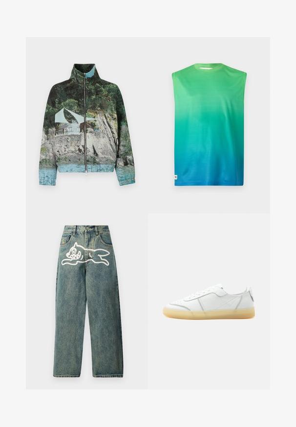 Veste zippée avec une impression photographique d'une scène côtière comprenant des rochers, de l'eau et une structure ; les couleurs incluent le vert, le bleu et le marron.; Débardeur sans manches dans des teintes dégradées de vert à bleu. Fabriqué en tissu doux avec un col rond et sans matériel visible.; Jean en denim bleu clair à coupe ample, avec un grand graphisme d'un chat blanc sur la jambe gauche et un design classique à cinq poches.; Baskets basses en cuir blanc avec semelle beige translucide, lacets à l’avant et détails de couture minimalistes, vues de côté sur un fond uni.