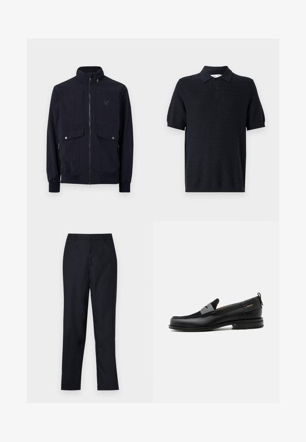 Chaqueta de punto navy con cremallera fabricada en tejido ligero, con un alto cuello, dos bolsillos delanteros y puños acanalados. Presenta un logo sutil en el pecho.; Polo negro con un patrón texturizado de zigzag, mangas cortas y un cuello con dos botones. Fabricado con un tejido transpirable.; Pantalones azul marino de tejido suave, con un diseño de pierna recta, cierre de un solo botón y suaves plisados en la parte frontal.; Mocasín de cuero negro con detalle de tira gris, tacón bajo y suela texturizada, con la marca "HUGO" en oro en el lateral.
