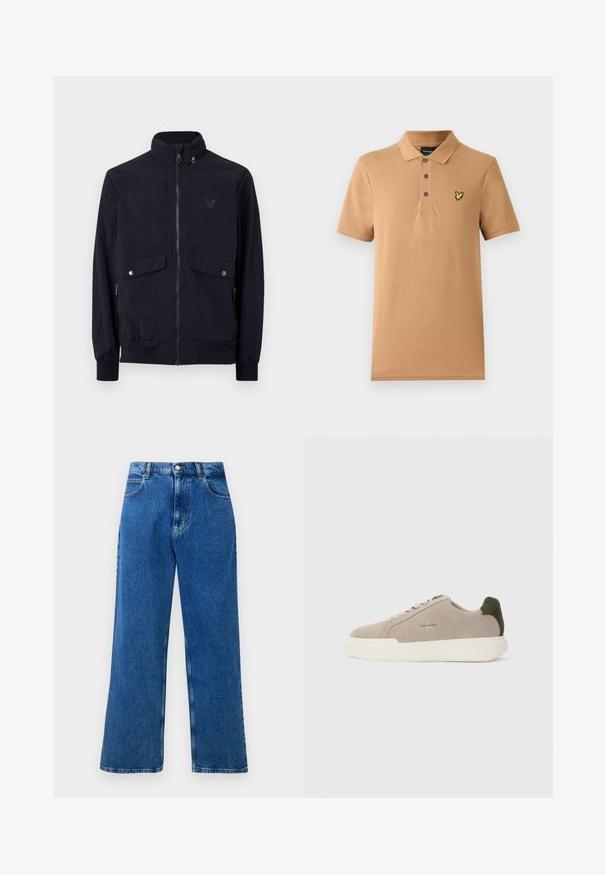 Laivaston vetoketjullinen takki, joka on valmistettu kevyestä kankaasta. Takissa on korkea kaulus, kaksi etutaskua ja ribattu hihansuu. Rinnassa on huomaamaton logo.; Beige polo-paita, joka on valmistettu pehmeästä puuvillasta. Paita sisältää kolmen nappulan napituksessa ja vasemmassa rinnassa on pieni keltainen brodeerattu logo. Lyhyet hihat.; Siniset vyötäröltä korkealle ulottuvat, leveät farkut, joissa on edessä nappi- ja vetoketjukiinnitys, vyölenkit ja viisi taskua.; Beige mokkasandaalit valkoisella kumipohjalla, joissa on tumma vihreä kantapään yksityiskohta ja hienovarainen brändäys sivussa.