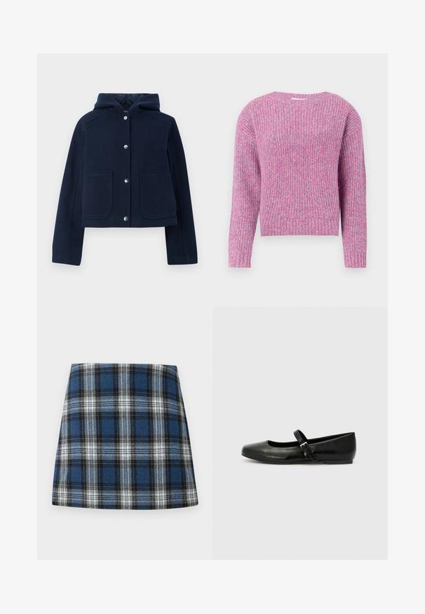 Marineblå hættetrøje med lange ærmer, frontknapper og to store forlommer, præsenteret på en hvid baggrund.; Sweater med lange ærmer strikket i en blanding af pink og lavendel garn med ribbet krave, manchetter og kant.; Blåternet skørt med et varieret ternmønster i blå, sort og hvid. Fremstillet af et struktureret stof med en tætsiddende silhuet.; Sorte læder balletflade med rund tå, flad sål og en tynd justerbar rem over svangen med en metalspænde.