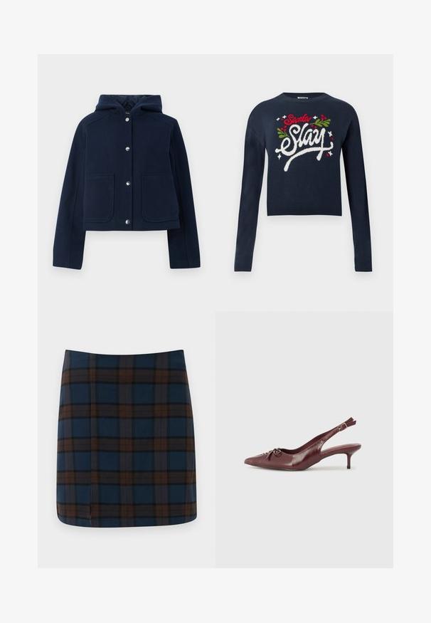 Marineblå hættetrøje med lange ærmer, frontknapper og to store forlommer, præsenteret på en hvid baggrund.; Marineblå cropped sweater med lange ærmer. Har teksten "Santa Slay" broderet i hvid, rød og grøn med misteltein accenter. Blød strikstruktur.; Marineblåternet mini nederdel med brune og grå striber, lavet af et glat stof, med en diskret slids bagpå for let bevægelse.; Bordeaux læder slingback hæl med spidse tå, justerbar rem og dekorativ sløjfedetalje foran. 7,5 cm hælhøjde.