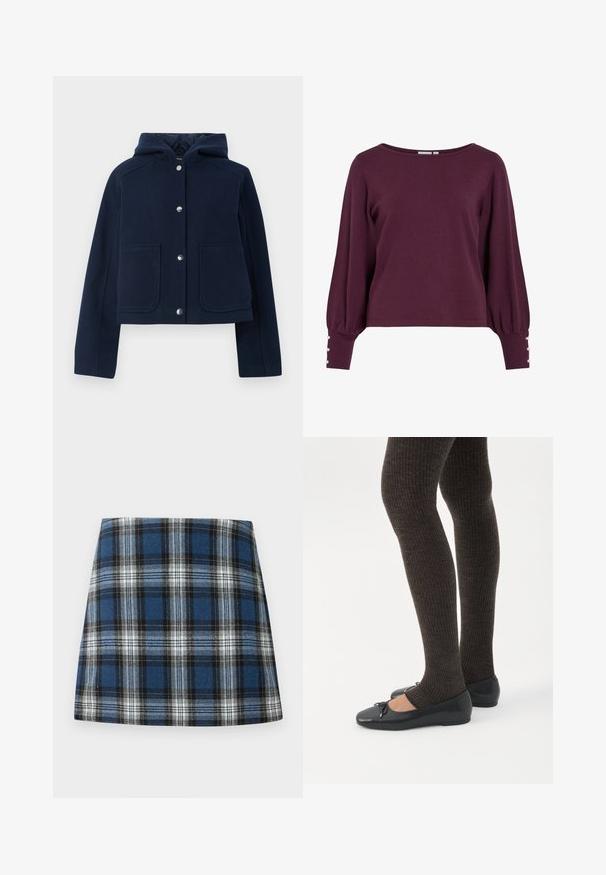 Veste à capuche bleu marine avec manches longues, boutons-pression à l'avant et deux grandes poches à l'avant, présentée sur un fond blanc.; Pull en tricot bordeaux avec un large décolleté, de longues manches ballon et des boutons en accent aux poignets. Texture douce et coupe décontractée.; Jupe en tartan bleu présentant un motif à carreaux varié en bleu, noir et blanc. Fabriquée dans un tissu texturé avec une silhouette ajustée.; Jambes portant des leggings côtelés foncés associés à des ballerines noires avec de petits détails en nœud sur fond blanc.