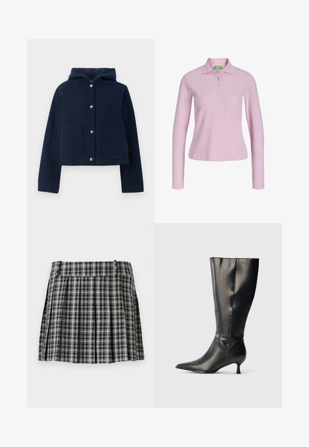Marineblå hættetrøje med lange ærmer, frontknapper og to store forlommer, præsenteret på en hvid baggrund.; Langærmet, lyserød ribbet poloshirt med krave og tre knapper, vist på hvid baggrund.; Sort-hvidt ternet plisseret nederdel med en glat talje og flere lodrette folder. Fremstillet af let stof.; Sort knæhøj læderstøvle med spids tå og lav kittenhæl, vist på en enkel lys baggrund.