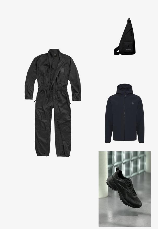 Námořnická modrá mikina s kapucí vyrobená z měkké, voděodolné tkaniny. Má centrální zip, boční kapsy a malé logo na hrudníku.; Brandit BRANDIT HERREN EINSATZKOMBI - Overal - black; Čierna atletická teniska s textúrovanou podrážkou a šnúrkami, vznášajúca sa nad sivou podlahou s pozadím zo sklenených blokov.; Čierna trojuholníková crossbody taška s vreckom na prednej strane so zipsom s logom Calvin Klein a nastaviteľným popruhom.