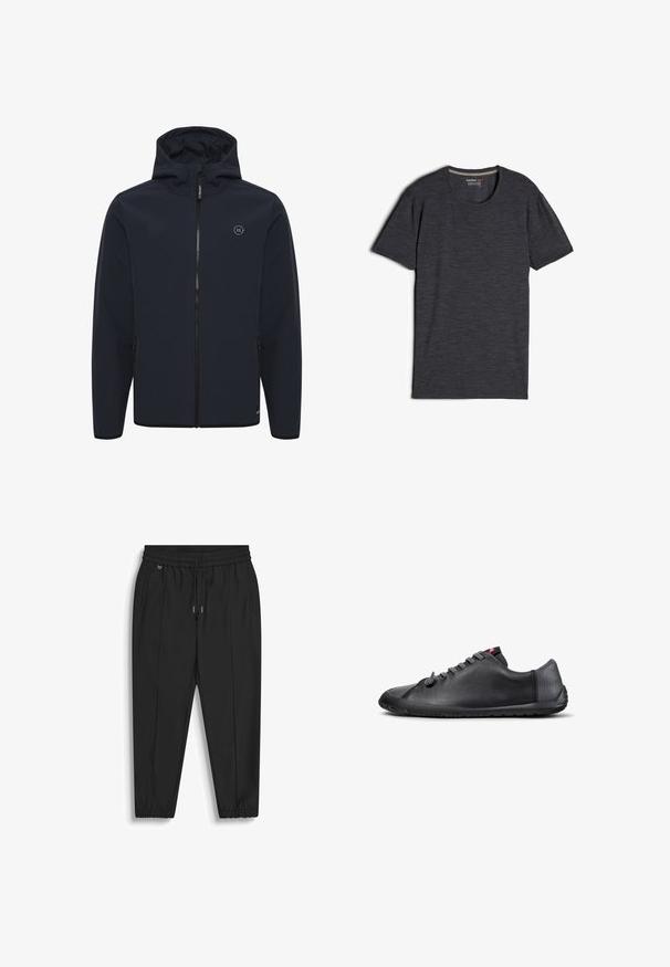 Marineblauwe hoodie gemaakt van zacht, waterafstotend materiaal. Beschikt over een centrale rits, zijzakken en een klein logo op de borst.; Zwarte heide korte mouw t-shirt van merinowol, met een ronde halslijn en een gladde, licht gestructureerde stof.; Zwarte broek met elastische tailleband en trekkoord, zijzakken, taps toelopende pijpen en elastische boorden op een witte achtergrond.; Zwarte casual leren veterschoen met een getextureerd oppervlak en flexibele rubberen zool, zijaanzicht op witte achtergrond.