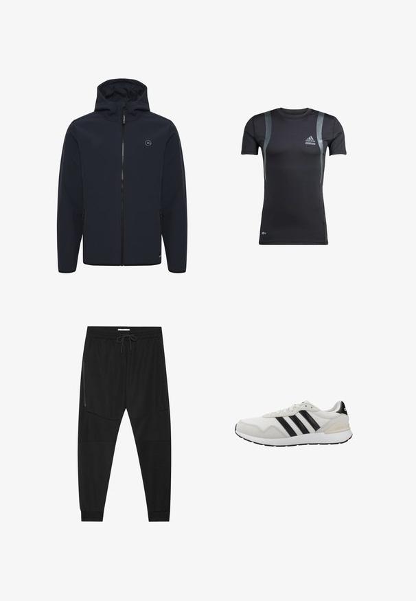 Chaqueta con capucha de color azul marino, fabricada en un tejido suave y resistente al agua. Cuenta con una cremallera central, bolsillos laterales y un pequeño logo en el pecho.; Camiseta deportiva negra de manga corta con detalles en gris, hecha de una tela elástica. Presenta un logo de Adidas en el lado izquierdo del pecho y la marca Techfit.; Pantalones deportivos negros hechos de tejido texturizado, con una cinturilla ajustable, bolsillo lateral con cremallera y puños ajustados.; Zapatillas deportivas blancas con rayas negras. Fabricadas con malla y ante, cuentan con suela de caucho y cuello acolchado para mayor comodidad. Diseño clásico.