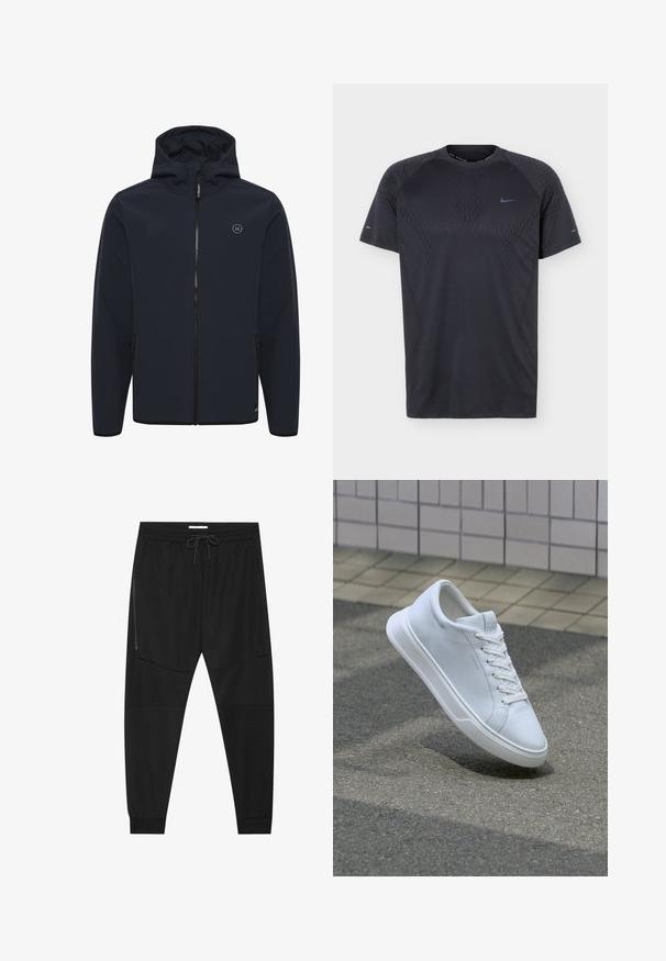 Chaqueta con capucha de color azul marino, fabricada en un tejido suave y resistente al agua. Cuenta con una cremallera central, bolsillos laterales y un pequeño logo en el pecho.; Camiseta deportiva negra de manga corta con patrón sutil y pequeño logo azul de Nike Swoosh en el pecho y las mangas, mostrada sobre fondo liso.; Pantalones deportivos negros hechos de tejido texturizado, con una cinturilla ajustable, bolsillo lateral con cremallera y puños ajustados.; Zapatilla blanca de corte bajo con cordones flotando sobre asfalto texturizado y superficie de baldosas beige en el fondo.