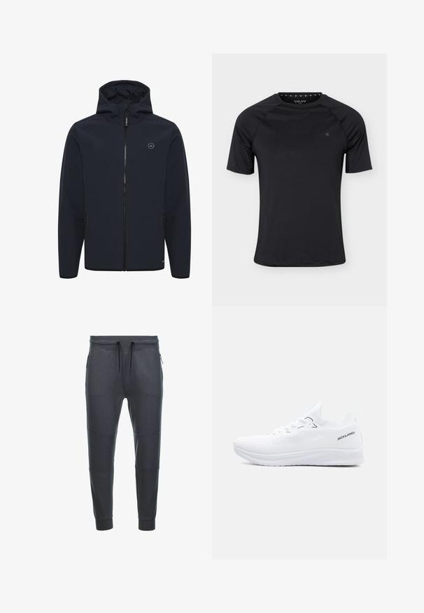 Veste à capuche bleu marine en tissu doux et résistant à l'eau. Dotée d'une fermeture éclair centrale, de poches latérales et d'un petit logo sur la poitrine.; T-shirt de sport noir à manches courtes avec col rond et petit logo sur la poitrine gauche, présenté sur un fond clair uni.; Pantalons de survêtement gris foncé en tissu doux, dotés d'une taille à cordon de serrage, de deux poches latérales zippées et de panneaux décoratifs sur les jambes.; Baskets blanches en tricot à tige basse avec semelle texturée, fermeture à lacets à l'avant et logo "JACK & JONES" sur le côté du col du talon.