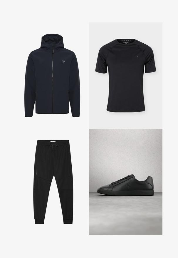Chaqueta con capucha de color azul marino, fabricada en un tejido suave y resistente al agua. Cuenta con una cremallera central, bolsillos laterales y un pequeño logo en el pecho.; Camiseta deportiva negra de manga corta con cuello redondo y pequeño logo en el pecho izquierdo, mostrada sobre un fondo liso y claro.; Pantalones deportivos negros hechos de tejido texturizado, con una cinturilla ajustable, bolsillo lateral con cremallera y puños ajustados.; Zapatilla deportiva de cuero negro con cordones y el logotipo "ck" en relieve, flotando sobre un suelo gris cerca de una pared de bloques de vidrio.