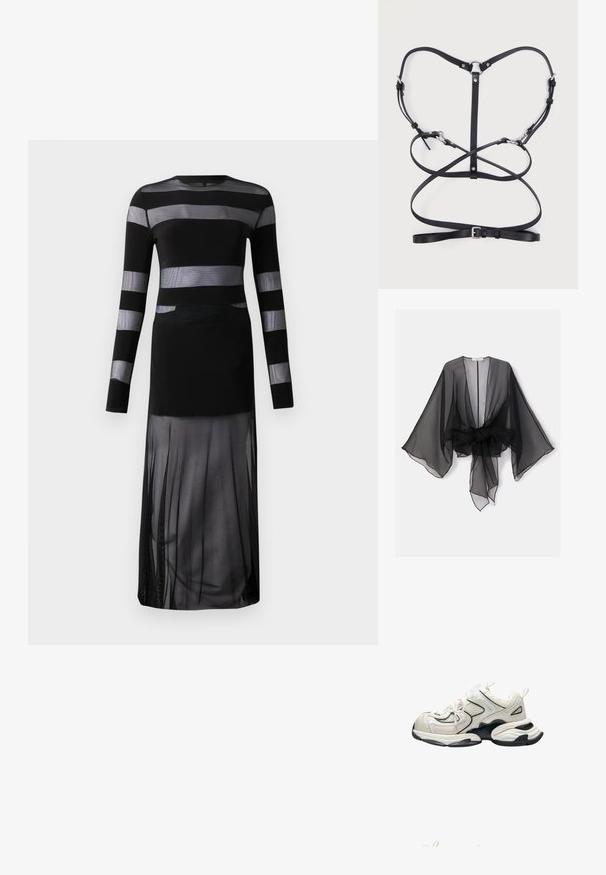 Kimono noir transparent avec manches larges et détail de taille nouée. Le tissu est léger, avec une texture fluide et translucide.; Robe noire à manches longues avec des rayures horizontales transparentes, un corsage ajusté et une jupe fluide en voile avec un design fendu. Tissu léger.; Baskets athlétiques épaisses blanches et noires avec panneaux en mesh, semelle épaisse et languettes de tirage au talon et à la languette, vues de côté.; Harnais en cuir noir avec plusieurs sangles qui se croisent, doté de ferrures métalliques, de boucles réglables et d'un design minimaliste.