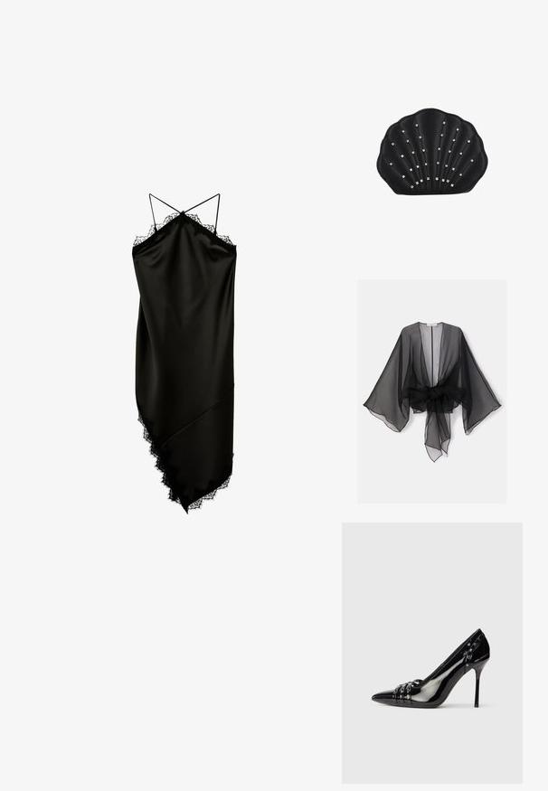 Kimono noir transparent avec manches larges et détail de taille nouée. Le tissu est léger, avec une texture fluide et translucide.; Robe nuisette en satin noir avec fines bretelles doubles, bordure en dentelle le long de l'encolure et ourlet asymétrique.; Chaussure à talon aiguille en cuir verni noir avec bout pointu, trois lanières décoratives avec clous, et logo "Karl Lagerfeld" sur le talon.; Pochette noire en forme de coquillage ornée de petits strass disposés en lignes verticales pour la décoration.