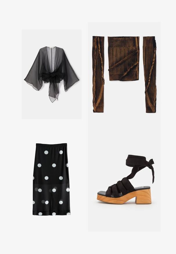 Kimono noir transparent avec manches larges et détail de taille nouée. Le tissu est léger, avec une texture fluide et translucide.; Haut en tissu côtelé marron à manches longues, avec des bords effilochés et une texture irrégulière. Met en avant un design usé avec une coupe courte.; Jupe noire avec de grands pois blancs. Fabriquée en tissu léger avec une taille élastique. Sa longueur arrive au milieu du mollet.; ASRA JAZZ - Sabots - black