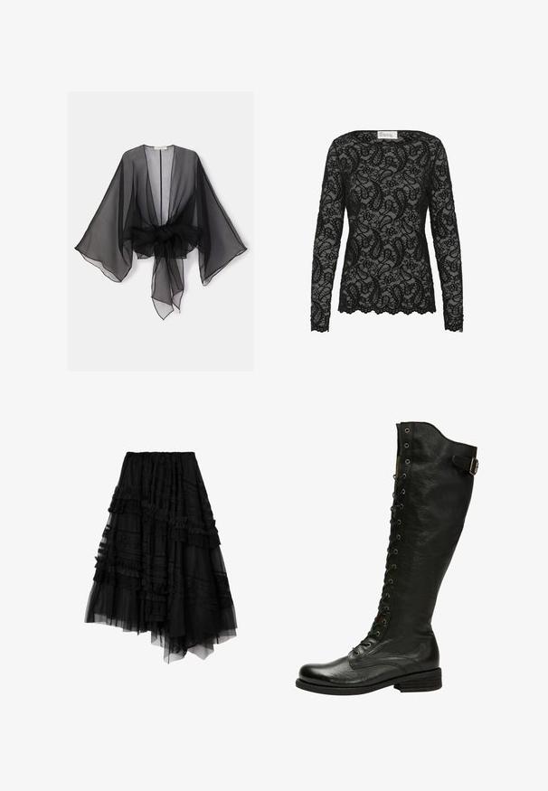 Kimono noir transparent avec manches larges et détail de taille nouée. Le tissu est léger, avec une texture fluide et translucide.; Blouse noire en dentelle à manches longues, motif floral, encolure ronde et ourlet festonné, présentée sur fond uni.; Jupe noire asymétrique à plusieurs couches avec des détails en dentelle et volants, composée de panneaux de tissu transparent et opaque.; Botte en cuir noir hauteur genou avec un laçage à l'avant, œillets en métal argenté et boucle sur le côté. Présente une finition texturée et un talon empilé.