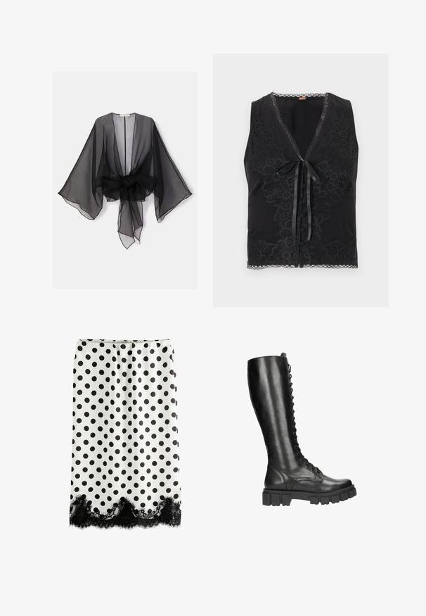 Kimono noir transparent avec manches larges et détail de taille nouée. Le tissu est léger, avec une texture fluide et translucide.; Haut noir sans manches avec un col en V, détails en dentelle, ruban en satin à nouer à l'avant et boutons décoratifs. Bordure en dentelle cils à l'ourlet.; Jupe blanche à pois noirs avec bordure en dentelle noire le long de l'ourlet, taille élastique, coupe droite.; Wojas WOJAS - Bottes à plateau - czarny