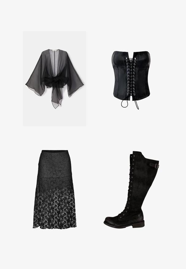 Kimono noir transparent avec manches larges et détail de taille nouée. Le tissu est léger, avec une texture fluide et translucide.; Corset en satin noir avec une forme structurée, devant lacé avec des œillets argentés et une finition lisse. Dispose d'un décolleté droit sans bretelles.; Jupe midi en dentelle noire avec motif floral, taille ajustée et partie inférieure semi-transparente, présentée sur fond blanc.; Bottes noires montantes en suède, avec un laçage à l'avant, des œillets en argent, et une sangle sur le côté avec une boucle. Design à talon plat.