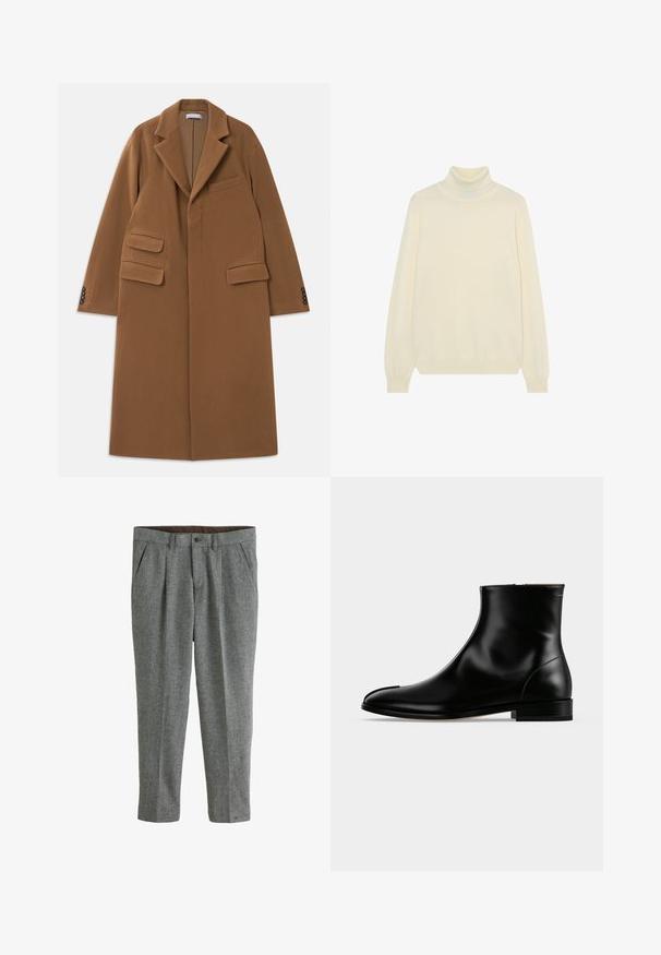 Long manteau en laine couleur camel avec de larges revers, trois poches à rabat, quatre boutons sombres sur les poignets et fermeture frontale dissimulée.; Pull à col roulé crème avec des manches longues. Fabriqué en tricot doux, avec un col ajusté et des poignets côtelés. Sans motifs ni accents.; Pantalons en laine gris avec une surface texturée, dotés d'une coupe droite, d'un devant plissé et de poches latérales. Doublure intérieure marron visible à la taille.; Bottine en cuir noir poli avec un petit talon et une fermeture éclair latérale, design épuré et lisse sur un fond clair uni.